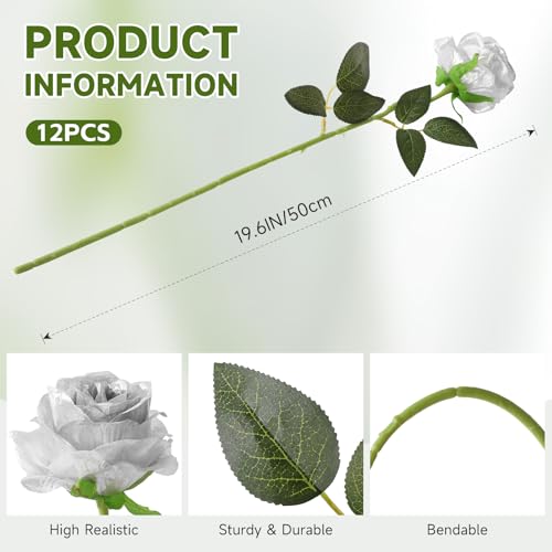 Tifuly Silver Roses Artificial Flowers -12Pcs Realistic Single Long Stem Fake Silk Roses Bouquet for Party Home Wedding Centerpiece Hotel Office Decor - color: Silver
