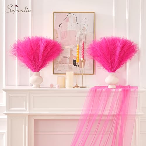 Serwalin 60Pcs Hot Pink Pampas Grass Decor, 17.7'' Faux Pampas Grass, Artificial Pampas Grass Decor for Home Wedding Boho Party Decor - color: J Hot Pink