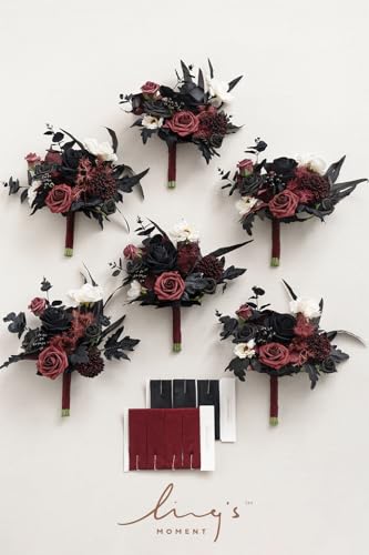 Ling's moment Black Bridesmaid Bouquets Set of 6 Burgundy Artificial Wedding Flower Bouquets Floral Bouquet Gothic Bridesmaid Bouquets with Ribbon Ceremony,Anniversary,7-inch Diameter - color: Red-burgundy Red & Black