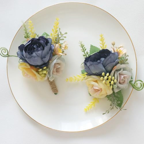 MAFELOE Corsage and Boutonniere Set for Wedding Prom Party Homecoming Celebration, Artificial Peony Flower Accessories Suit Decor 2 Pieces-Haze Blue - color: Haze Blue