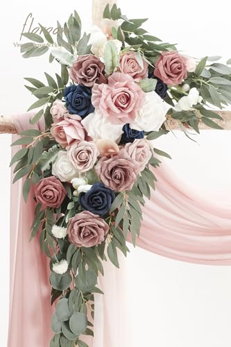Floroom Arch Flowers with Drapes Kit (Pack of 4) - 2pcs Artificial Dusty Rose & Navy Blue Floral Swag Arrangement with 2pcs Draping Fabric for Wedding Ceremony Arbor and Reception Backdrop Decoration - color: Dusty Rose & Navy