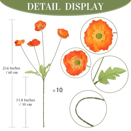 10 Pcs Artificial Poppy Flowers with 40 Heads Lifelike Silk Fake Poppies for Vase Faux Poppies with Stem for Spring Wedding Home Table Centerpiece Baby Shower Veterans Day Decorations (Orange) - color: Orange