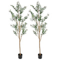Sunnydaze Fake Olive Tree - 7ft Tall Faux Olive Tree with Pot - Indoor Artificial Plant with Black Weighted Base and Silk Leaves - Set of 2 - size: 7 ft
