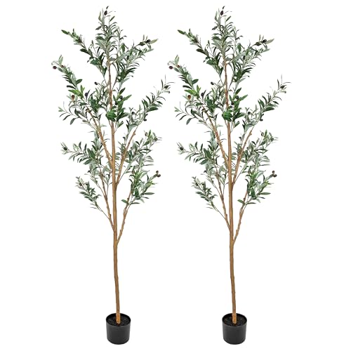Sunnydaze Fake Olive Tree - 7ft Tall Faux Olive Tree with Pot - Indoor Artificial Plant with Black Weighted Base and Silk Leaves - Set of 2 - size: 7 ft