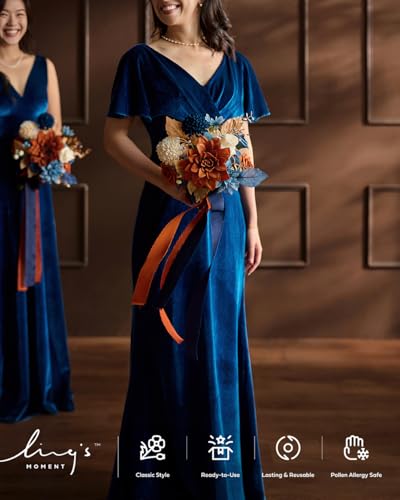 Ling's moment Burnt Orange Artificial Bridesmaid Bouquets Set of 4,Terracotta Wedding Flower Bouquets Navy Blue Floral Bouquet Bridal Bouquets with Ribbon,Ceremony,Anniversary,7-inch Diameter - color: Or-orange & Navy Blue