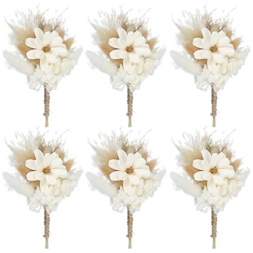 PATIKIL Mini Dried Flower Bouquet, 6 Pcs Pampas Grass Natural Wildflower with Stem Decor Baby's Breath Boho Floral Plant Flower for Crafts DIY Photo Props Gift Wedding Decor, White - color: White