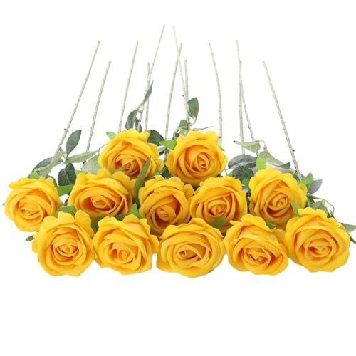 12Pcs Yellow Roses Artificial Flowers Fake Roses Faux Velvet Silk Flower for Home Wedding Decoration (Pearl Rose, Yellow) - color: Pearl Roses - Yellow 12p