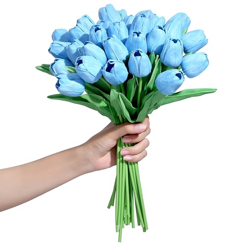 SITUMEIZI 15pcs Blue Tulips Fake Artificial Flowers Real Touch 14" PU Flower for Home Decor Spring Easter Wedding Bouquet Decorations Floral Arrangements - color: Blue