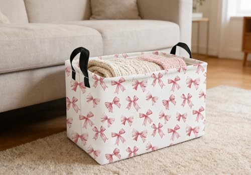 Essme Rectangular Pink Baskets,Girls Storage Box,Cute Basket for Kids with Handles for Room Decor, Book Bins,Shelf Basket.(Pink Bowknot) - color: Pink Bowknot