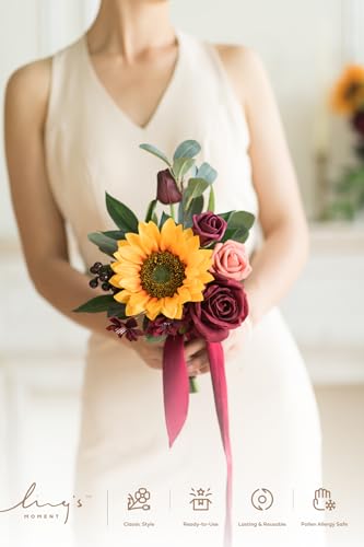 Ling's moment Artificial Bridesmaid Bouquets Set of 6,Sunflower Wedding Flower Bouquets Floral Bouquet Bridal Bouquets with Ribbon Ceremony Anniversary,7-inch Diameter - color: Ylw-sunflower