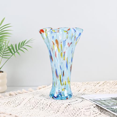 9.0" H Aqua Glass Vases for Flowers, Unique Hand Blown Glass Vase Aqua Home Decor, Wide Mouth Colorful Flower Vase Centerpieces, for Living Room Table Bookshelf, Bathroom Office Shelf Decorative - color: Aqua