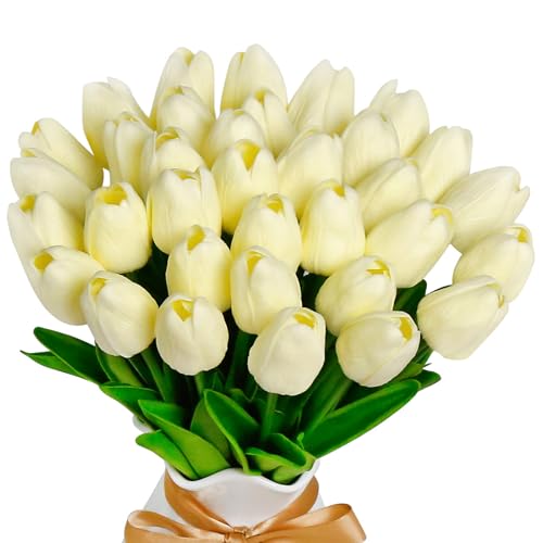36 Pcs Tulips Artificial Flowers, 13 Inches Real Touch PU Fake Tulips for Wedding Bouquets, Home Decor - color: Creamy White