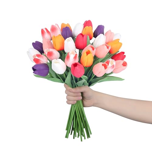 5 Color 20pcs Tulips Artificial Flowers for Real Touch Fake Tulips Slik Faux Flowers for Summer Wedding Bouquet Easter Mother's Day Home Decor (14 Inch) - color: Color：red, White, Yellow, Light Pink, Orange