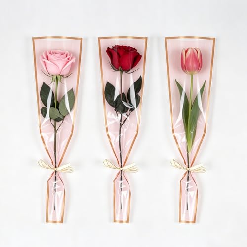 50 Pcs Flower Water Tubes with 50 Pcs Pink Single Rose Sleeve Holder for Bouquets with 72 Ft Ribbon Flower Vials Individual Single Stem Floral Wrapping Bag for Mother's Day Florist Supplies - color: Pink, size: single flower wrap