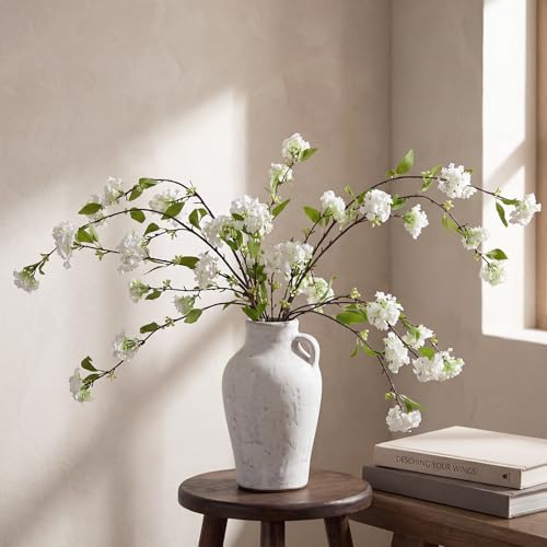 4 Pcs Artificial Plants Flowers 43" Faux Greenery Long Stem Branches for Vase Realistic Silk Fake Snowball Viburnum Artificial Hydrangea Flowers for Tall Vase Home Table Decor(White) - color: White