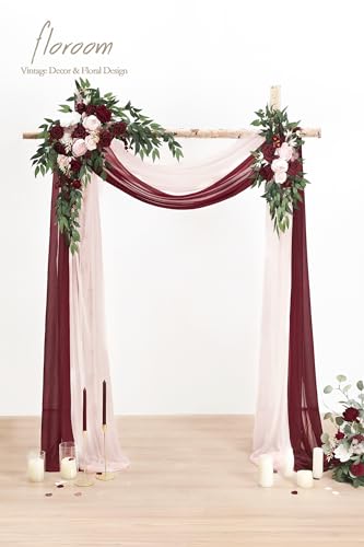Floroom Arch Flowers with Drapes Kit (Pack of 4) - 2pcs Artificial Burgundy & Blush Floral Swag Arrangement with 2pcs Draping Fabric for Wedding Ceremony Arbor and Reception Backdrop Decoration - color: Marsala & Blush