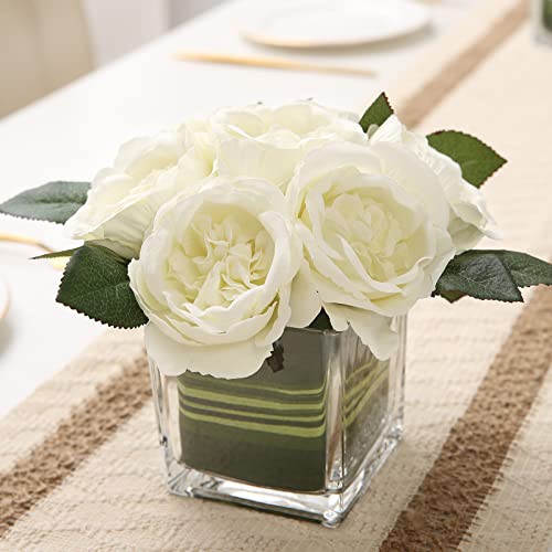 Artificial Peony Silk Flower Centerpieces Faux Floral Arrangement in Glass Vase for Home Wedding Table Decoration (Cream) - color: Cream