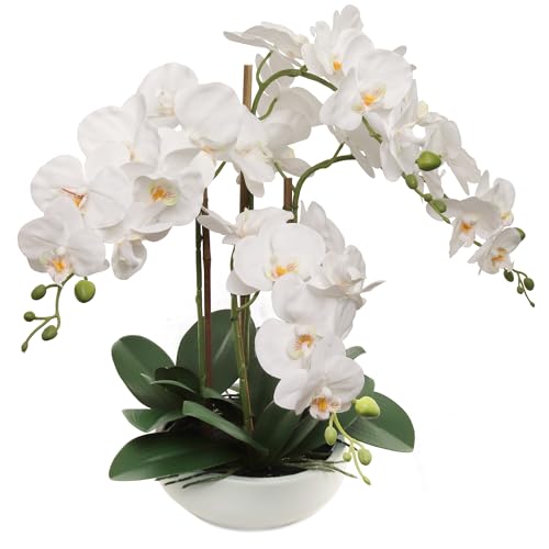 Larksilk 20" White Phalaenopsis Orchid in White Round Pot - Realistic Faux Orchid Arrangement