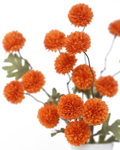 DuHouse 6pcs Artificial Flowers Faux Silk Pompon Mum,Silk Small Mini Chrysanthemum Ball with Stems for DIY Bouquets Centerpieces Vase Home Table Kitchen Decorations(Orange) - color: Orange, size: 6pcs
