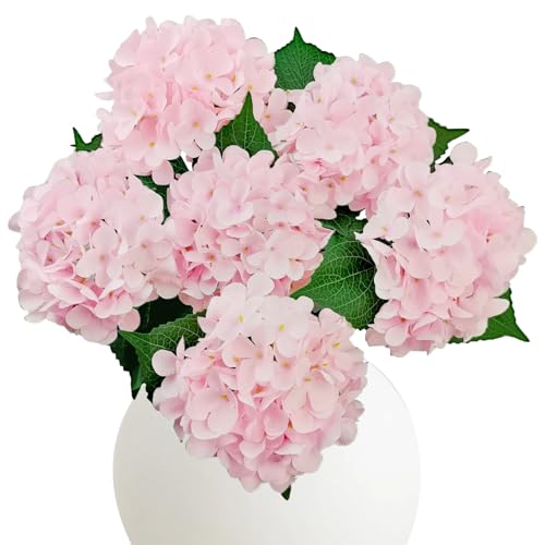 6PCS Pink Hydrangea Artificial Flowers, Bulk Silk Fake Flower with Stems, Faux Hydrangeas Bouquets for Home Décor, Wedding, and Office Table Centerpieces. - color: Pink