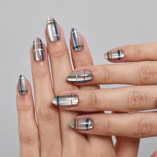 32Pcs Soft Gel Press on Nails for Women, Silver Plaid, Short Almond | Magnetic Glass Cat Eye False Fake Nails Press Ons for Office Daily Wear, Salon Quality Reusable Glue & Stick on Nail Gift Kit - color: 1C-Silver Plaid