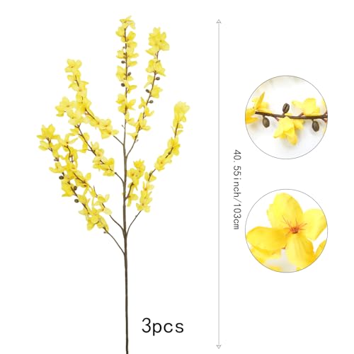 FERIAL3Pcs Artificial Forsythia Flower Branches Spring Summer Yellow Silk Fake Winter Jasmine Artificial Orchids Long Stem 41 Inch for DIY Floral Arrangement Wedding Party Home Office Decorate - color: Yellow-3