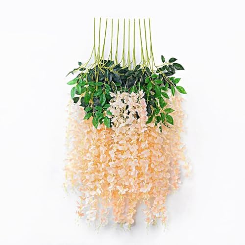 WEISPARK Fake Hanging Flowers - 12 Pieces 3.75 Feet/Piece Artificial Wisteria Vine Ratta Hanging Garland Silk Flowers for Home Party Wedding Decor (Champagne) - color: Champagne