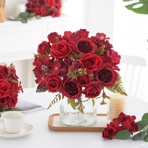4 Pcs Mixed Artificial Peony Flowers Set-2 Bouquets & 2 Stems, Red Fake Peony Rose Hydrangea Flowers for Vase Silk Floral Arrangements for Table Centerpiece Wedding Party Bridal Decoration Home Decor - color: Red, size: Mixed 4pcs