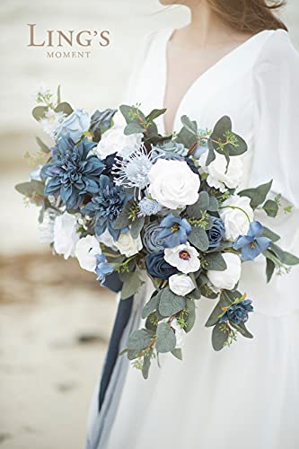 Ling's moment Fake Flowers Box, Faux Artificial Greenery Stems Foam Roses Silk Dahlia Fabic Flower for Centerpieces Bouquet Wedding Vase Floral Arrangement Decorations, Dusty Blue & Navy, Grand Combo - color: Blu-dusty Blue & Navy, size: Grand