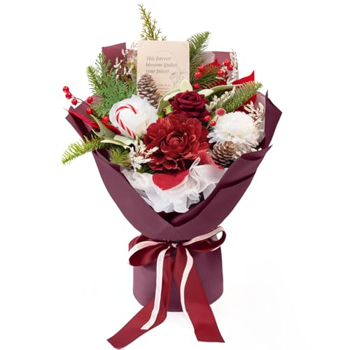 TINGE TIME Preserved Flowers Bouquet, Valentines Red Roses Faux Rose Bouquets, Artificial Flowers Poinsettia Faux Flowers, for Valentine Centerpiece Table Decoration Wedding Party - color: Burgundy