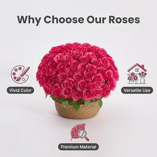 55 Pcs Hot Pink Roses Artificial Flowers Bulk, Artificial Roses Fake Flowers with Adjustable Stems, Soft Foam Roses for DIY Wedding Bouquets, Bridal Shower Centerpieces, Home Party Decor - color: Hotpink
