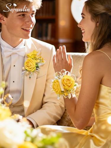 Serwalin Yellow Prom Corsage and Boutonniere Set, Artificial Calla Lily & Rose Wrist Corsage Wristlet for Homecoming, Formal Dance, Wedding Flowers Accessories Party Suit Decorations - color: Yellow