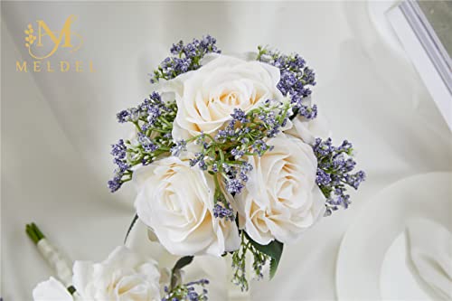 6.5 Inch Ivory Bridesmaid Bouquet, Set of 6, Purple Wedding Bouquets for Bridesmaids, Small White Bridesmaids Bouquets - color: 6pcs White&purple Bouquets