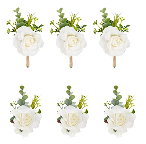 White Ivory Rose Wrist Corsage Boutonniere for Men Wedding Wrist Flower Corsage Hand Flower for Bride Bridesmaid Prom Decor Paty Girl - color: 3 Boutonnieres & 3 Wrist Corsages White