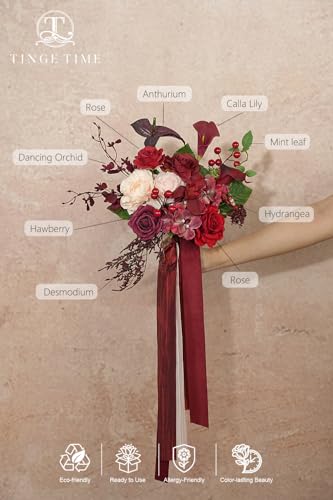 TINGE TIME Artificial 9 Inch Bridal Bouquet, Terracotta Flower Bouquet with Roses for Bride, Bridal Tossing Bouquet for Wedding Ceremony Anniversary Bridal Showers Church Decoration - color: Burgundy & Pink