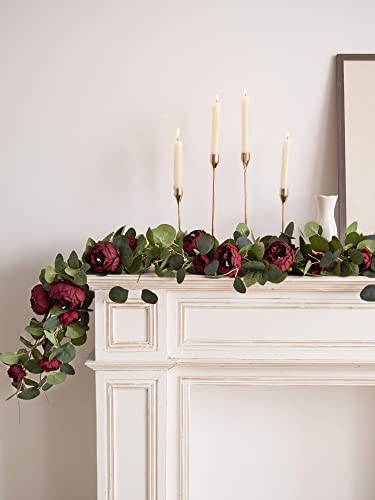 MISSPIN Artificial Eucalyptus Garland with Flower Vintage Faux Peony Rose Vine Greenery Decorative Table Centerpieces for Spring Wedding Arch Door Arrangement Party Decor - color: Red-23