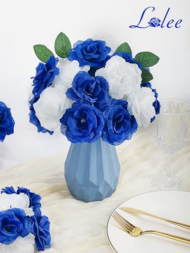 108pcs Roses Head Flowers with Stem - Blue & White Artificial Flowers Rose Bulk - Silk Royal Blue Rose Fake Flower for Wedding Bouquet Party Home Decor DIY Baby Shower Centerpieces Tables Decoration - color: Blue-white