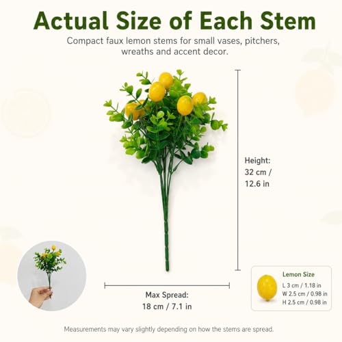 6 Pcs Artificial Lemon Branches Artificial Fruit Lemon Tree Greenery Decoration Faux Lemons Picks for Farmhouse Kitchen Home Table Decor Stem Fruits for Home Spring Summer Decor - color: Yellow