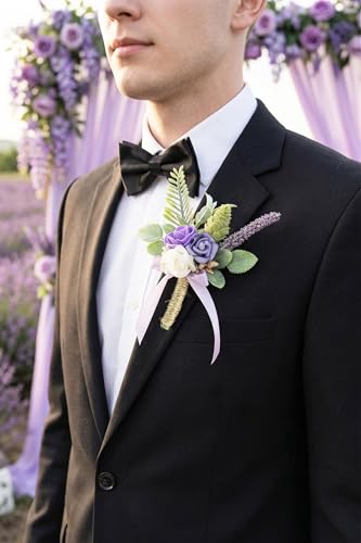 Purple Corsage and Boutonniere Set Wrist Corsage Wristlet for Prom Groom Flower Boutonniere for Men Wedding Party Homecoming Accessories Suit - color: Purple