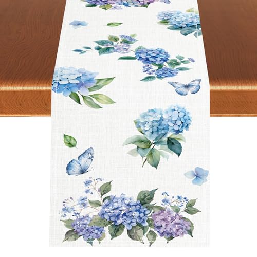 Blue Floral Table Runner, Spring Summer Watercolor Hydrangea Flower Butterfly Country Farmhouse Coffee Table Center Decor for Home Kitchen Dining Patio Holiday Party Table Decorations 13x36 inches - color: Tr-flower01, size: 13x36" Table Runner