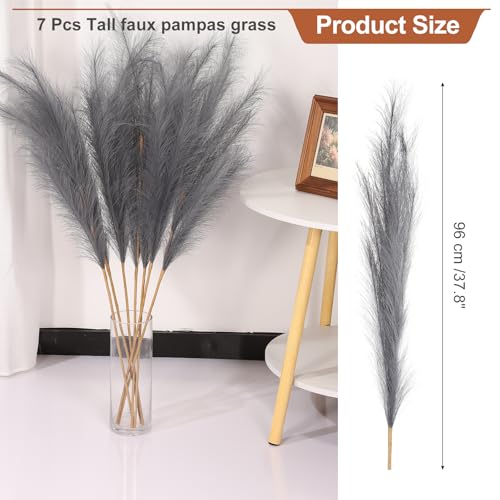 PATIKIL 37.8in Tall Pampas Grass Decor, 7pcs Large Artificial Pampas Grass Bulk Long Fluffy Faux Pampas Grass Dried for Home Boho Decor Vase Wedding Wall Ground, Gray - color: Grey