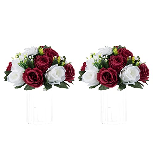 NUPTIO Flower Wedding Centrepieces for Tables - 2 Pcs 9.5in Diameter Burgundy & White Artificial Flowers Rose Ball for Centerpieces Table - Fake Rose Arrangements for Weddings Birthday Party Decor - color: Burgundy & White, size: 2 Pcs