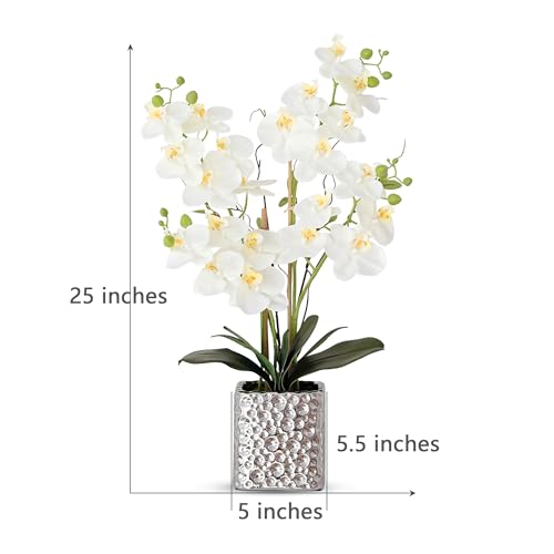Orchid Artificial Flowers with Sliver Vase Large Silk Faux Phalaenopsis Flowers for Dining Room Table Floral Centerpieces Indoor Decoration,White - color: 1302-white