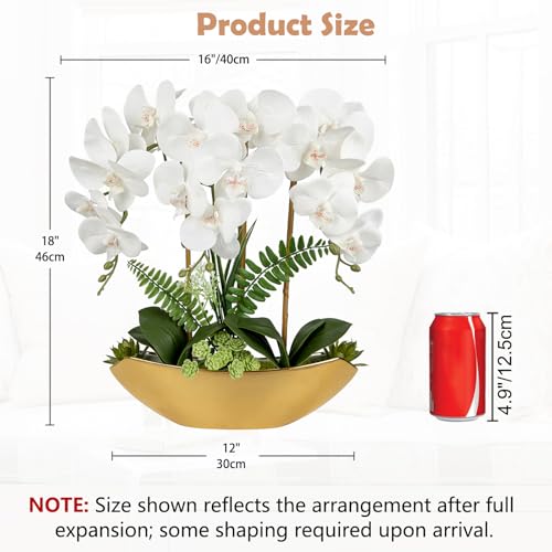 Briful Orchid Fake Flowers 18in White Artificial Orchid Silk Flowers in Gold Pot Faux Orchid Arrangement for Home Office Bathroom Dining Table Modern Decoration - color: White Gold