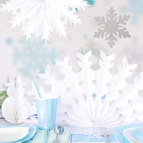 PAPER JAZZ 13 PCS Christmas Snowflake Decorations,White Paper Snowflake Hanging Ornaments,Christmas Honeycomb Decorations with Paper Fan/Garland/Snowman for Ceiling/Wall,Winter Wonderland,Winter Decor - color: Paper Snowflake
