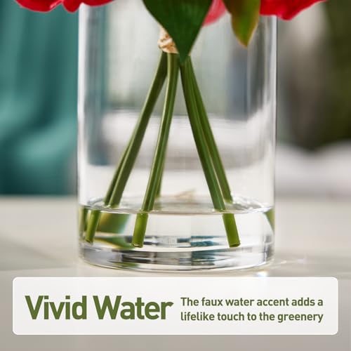 VeriNatural Artificial Red Peony Flowers with Vase – 10.6" Fake Silk Floral Arrangements in Glass Vase with Faux Water for Home Decor, Bathroom Shelf, Centerpiece, Wedding, Gift - color: Red