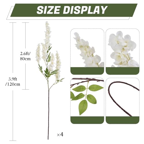 IPOPU 3.9FT Wisteria Artificial Flowers, 4PCS Wisteria Hanging Flowers, Silk White Flower with Long Stem for Tall Vase Filling Wedding Wall Backdrop Centerpieces Home Decoration (White) - color: White