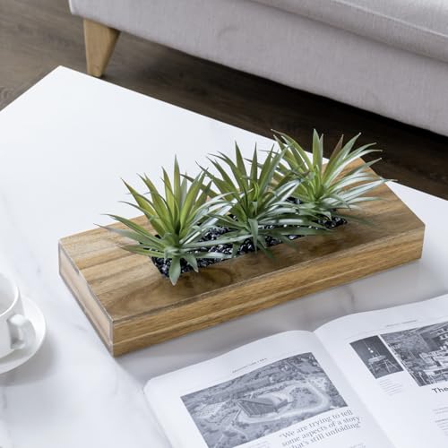 MyGift 15 Inch Large Artificial Green Grass Plants in Premium Acacia Solid Wood Decorative Planter, Tabletop Faux Greenery Decor with Wooden Rectangular Container - color: Brown, size: 15 Inch