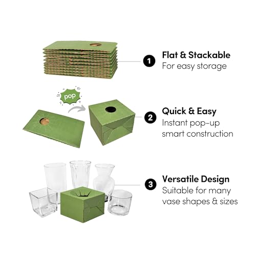 Holiday Designs - Pop-Up Florist Delivery Box, Heavy Duty Corrugated Cardboard Vase Boxes for Secure Floral Arrangements During Transport, 6.5 x 6.5 x 4.5 (Medium - 10 Pack) - color: Green, size: Medium: 10 Pack