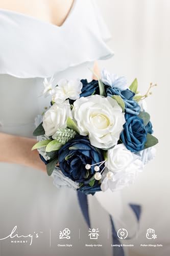 Ling's moment Navy Blue Artificial Wedding Flower Bouquet for Bridesmaid White Floral Bouquet Dusty Blue Bridal Bridesmaid Bouquets with Ribbon Ceremony Anniversary,7-inch Diameter - color: Blu-noble Navy Blue